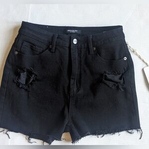 AMERICAN BAZI HIGH RISE MOM JEANS SHORTS FRINGEd HEM DISTRESSED BLACK SI…